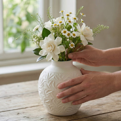 🍎LUMIKIDIY™ Embossed White Floral Ceramic Vase